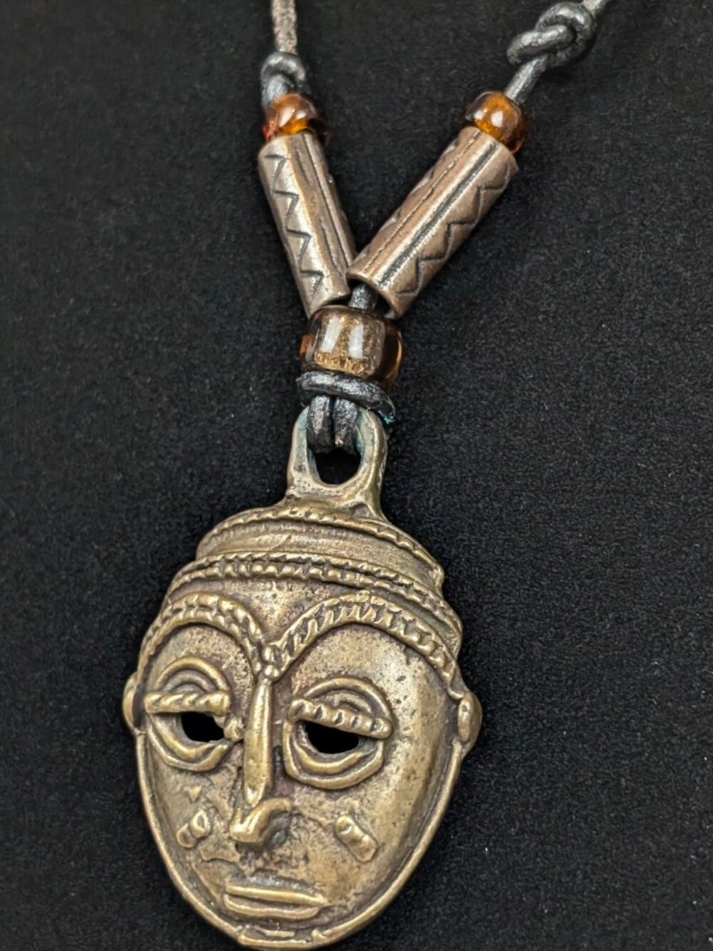 Ghanaian Brass Mask Pendant Necklace - Picture 3 of 5